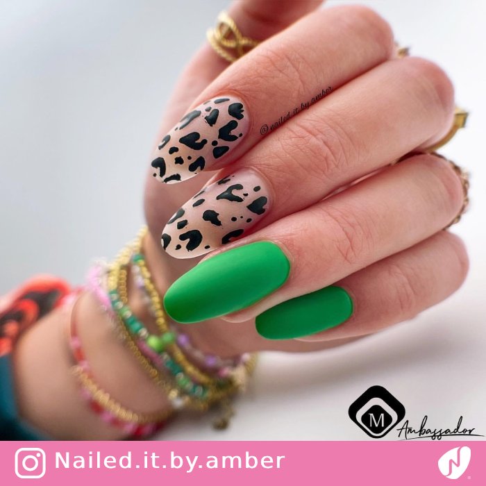 Green Nails with Leopard Pattern